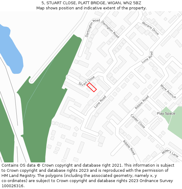 5, STUART CLOSE, PLATT BRIDGE, WIGAN, WN2 5BZ: Location map and indicative extent of plot