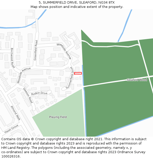 5, SUMMERFIELD DRIVE, SLEAFORD, NG34 8TX: Location map and indicative extent of plot