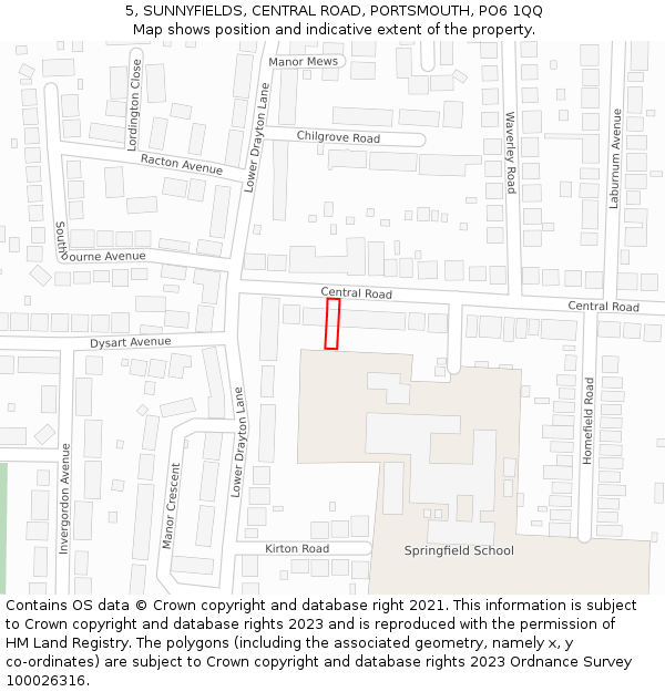 5, SUNNYFIELDS, CENTRAL ROAD, PORTSMOUTH, PO6 1QQ: Location map and indicative extent of plot