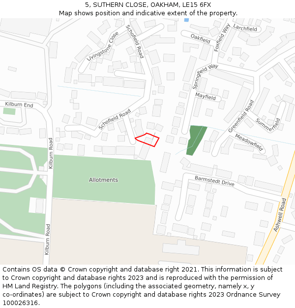 5, SUTHERN CLOSE, OAKHAM, LE15 6FX: Location map and indicative extent of plot