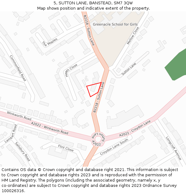5, SUTTON LANE, BANSTEAD, SM7 3QW: Location map and indicative extent of plot