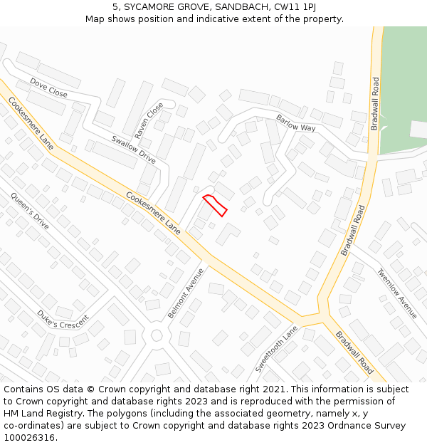 5, SYCAMORE GROVE, SANDBACH, CW11 1PJ: Location map and indicative extent of plot