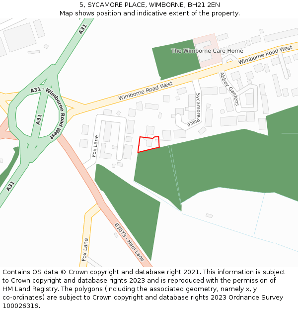 5, SYCAMORE PLACE, WIMBORNE, BH21 2EN: Location map and indicative extent of plot