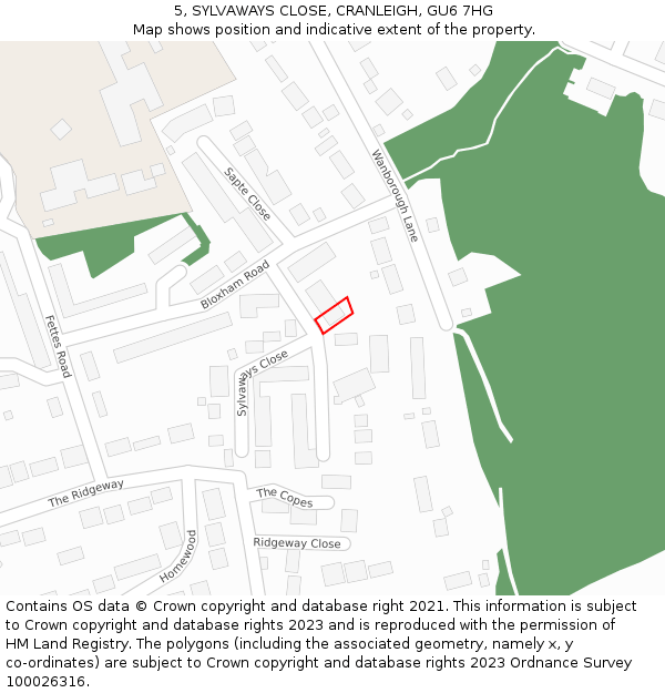 5, SYLVAWAYS CLOSE, CRANLEIGH, GU6 7HG: Location map and indicative extent of plot