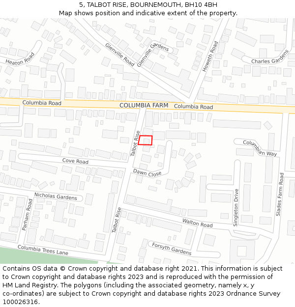 5, TALBOT RISE, BOURNEMOUTH, BH10 4BH: Location map and indicative extent of plot