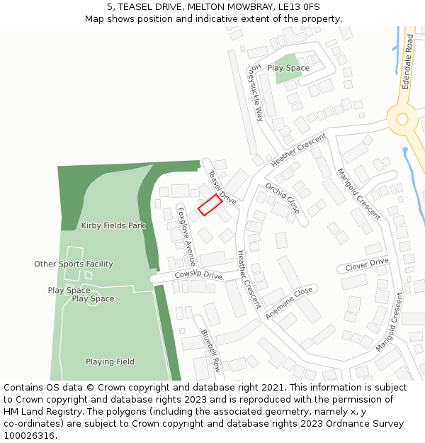 5, TEASEL DRIVE, MELTON MOWBRAY, LE13 0FS: Location map and indicative extent of plot