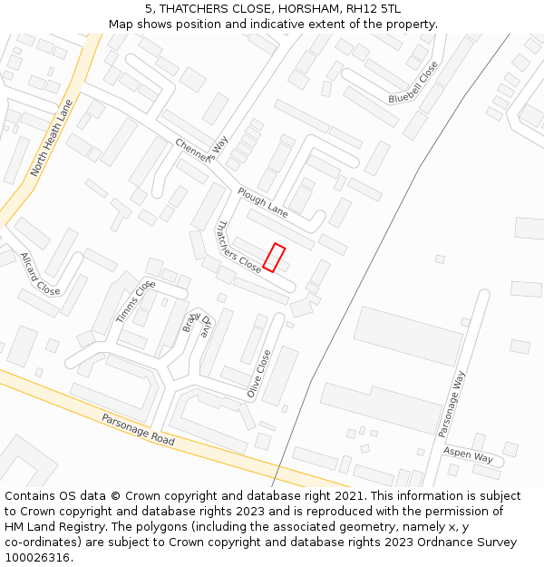 5, THATCHERS CLOSE, HORSHAM, RH12 5TL: Location map and indicative extent of plot