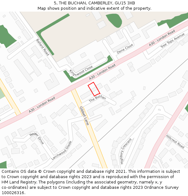 5, THE BUCHAN, CAMBERLEY, GU15 3XB: Location map and indicative extent of plot