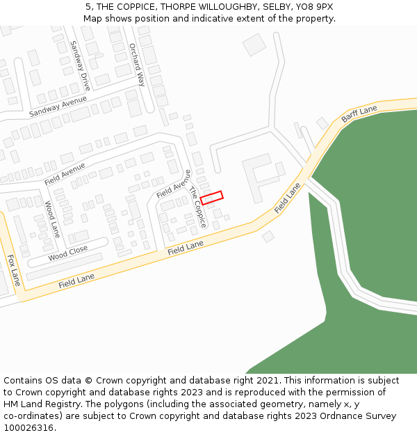5, THE COPPICE, THORPE WILLOUGHBY, SELBY, YO8 9PX: Location map and indicative extent of plot