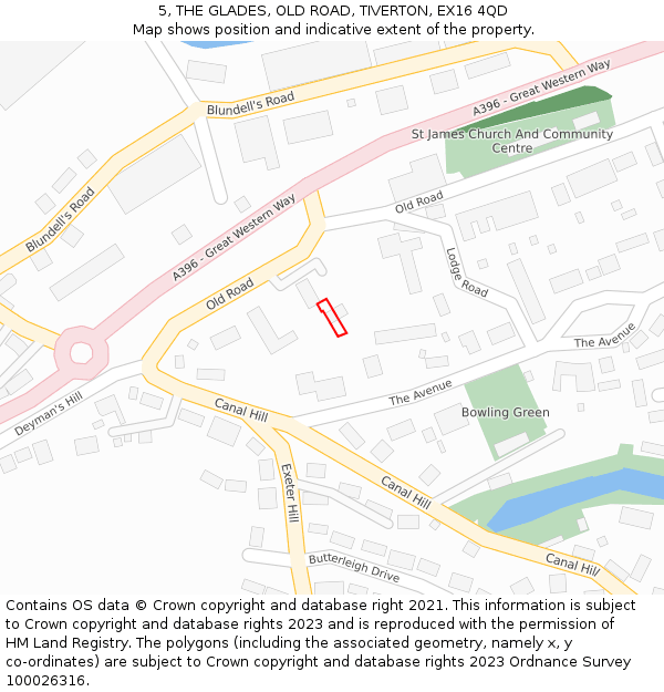 5, THE GLADES, OLD ROAD, TIVERTON, EX16 4QD: Location map and indicative extent of plot