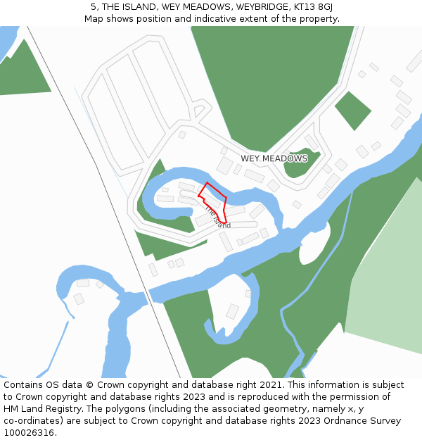 5, THE ISLAND, WEY MEADOWS, WEYBRIDGE, KT13 8GJ: Location map and indicative extent of plot