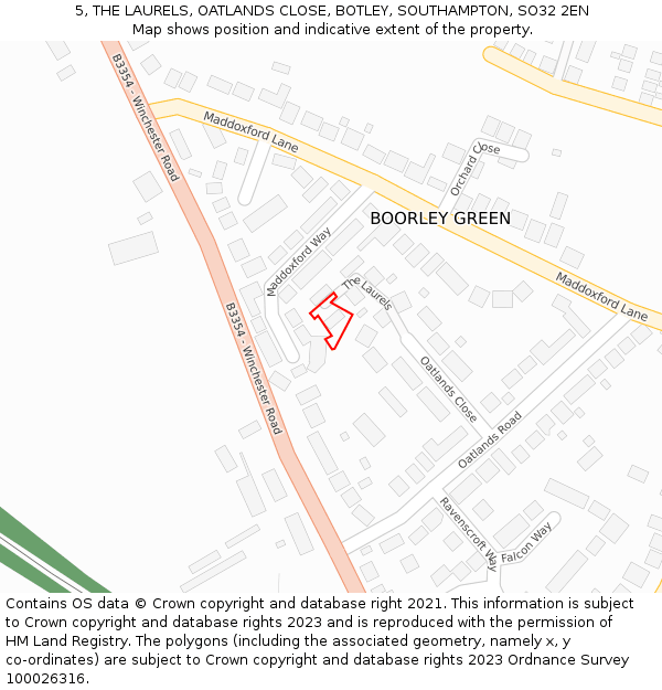 5, THE LAURELS, OATLANDS CLOSE, BOTLEY, SOUTHAMPTON, SO32 2EN: Location map and indicative extent of plot