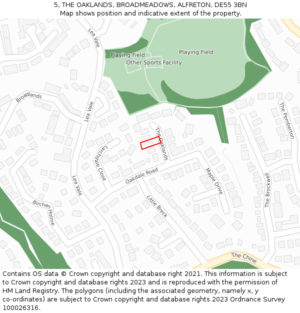 5, THE OAKLANDS, BROADMEADOWS, ALFRETON, DE55 3BN: Location map and indicative extent of plot