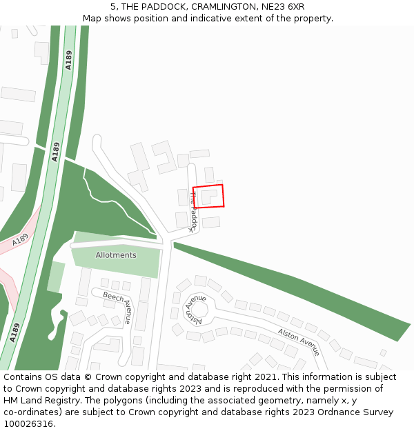 5, THE PADDOCK, CRAMLINGTON, NE23 6XR: Location map and indicative extent of plot