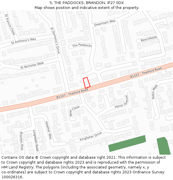 5, THE PADDOCKS, BRANDON, IP27 0DX: Location map and indicative extent of plot