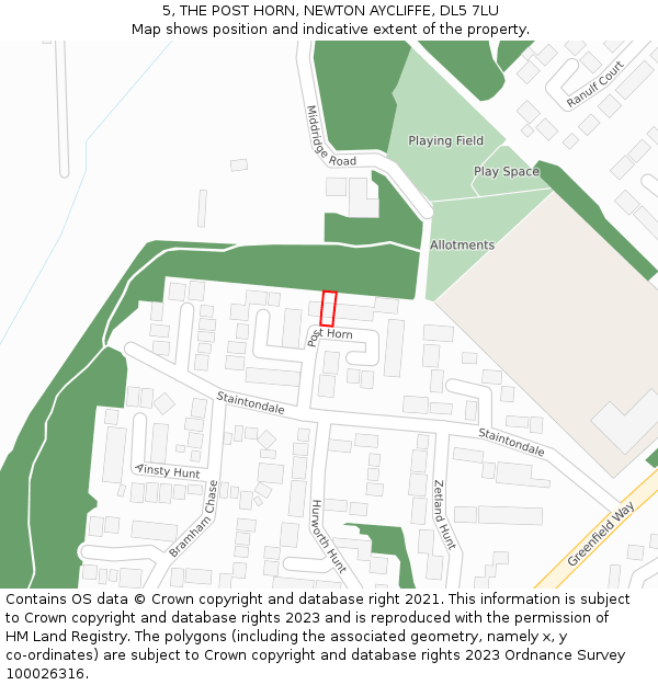 5, THE POST HORN, NEWTON AYCLIFFE, DL5 7LU: Location map and indicative extent of plot