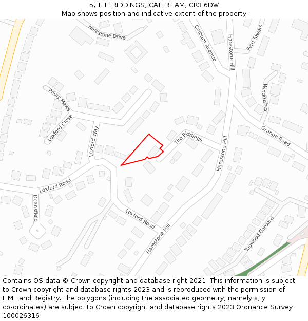 5, THE RIDDINGS, CATERHAM, CR3 6DW: Location map and indicative extent of plot