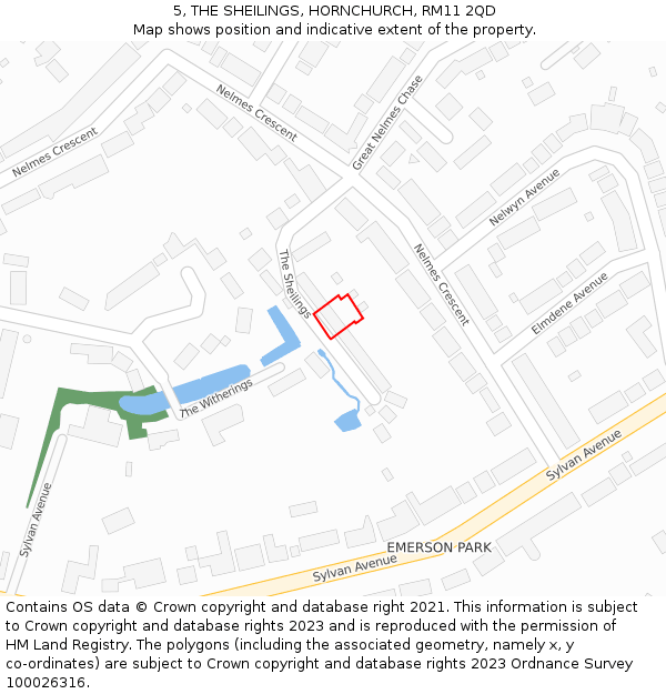 5, THE SHEILINGS, HORNCHURCH, RM11 2QD: Location map and indicative extent of plot