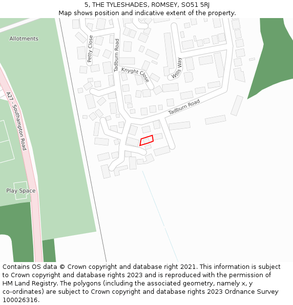 5, THE TYLESHADES, ROMSEY, SO51 5RJ: Location map and indicative extent of plot