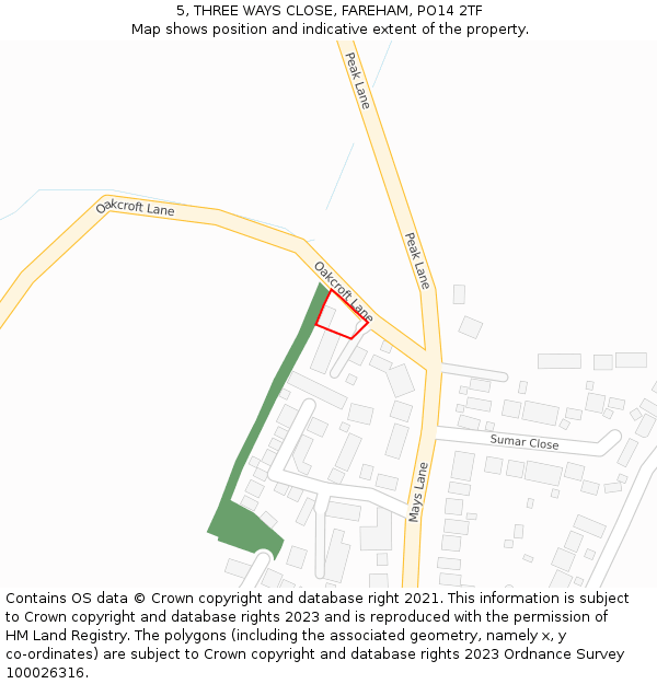 5, THREE WAYS CLOSE, FAREHAM, PO14 2TF: Location map and indicative extent of plot