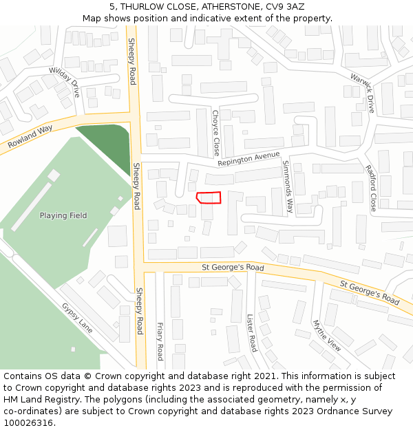 5, THURLOW CLOSE, ATHERSTONE, CV9 3AZ: Location map and indicative extent of plot