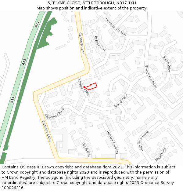 5, THYME CLOSE, ATTLEBOROUGH, NR17 1XU: Location map and indicative extent of plot