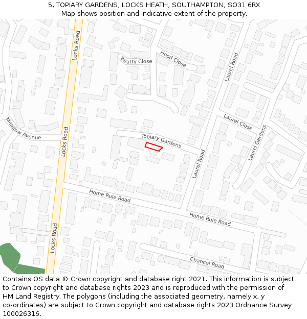 5, TOPIARY GARDENS, LOCKS HEATH, SOUTHAMPTON, SO31 6RX: Location map and indicative extent of plot