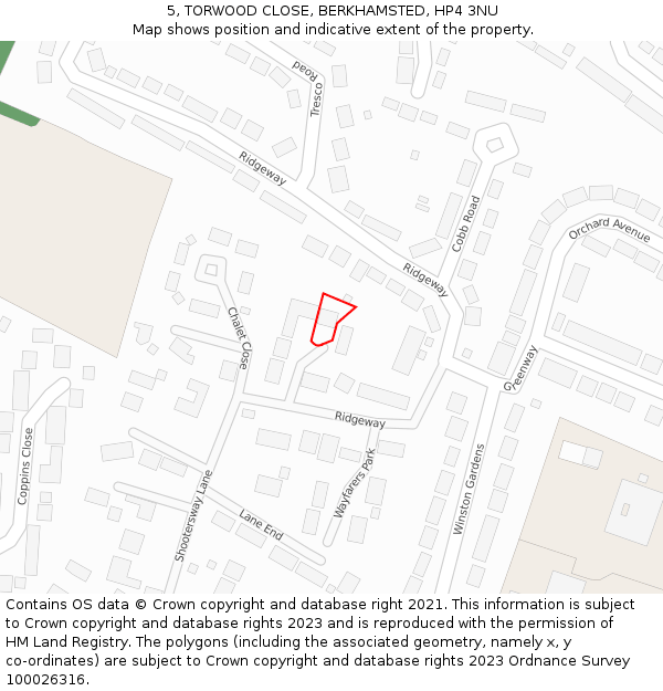 5, TORWOOD CLOSE, BERKHAMSTED, HP4 3NU: Location map and indicative extent of plot