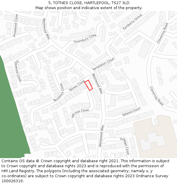 5, TOTNES CLOSE, HARTLEPOOL, TS27 3LD: Location map and indicative extent of plot