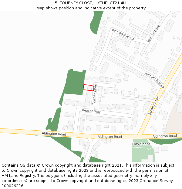 5, TOURNEY CLOSE, HYTHE, CT21 4LL: Location map and indicative extent of plot