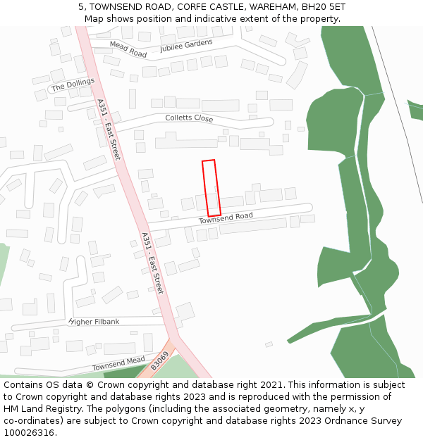 5, TOWNSEND ROAD, CORFE CASTLE, WAREHAM, BH20 5ET: Location map and indicative extent of plot