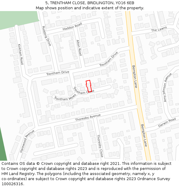 5, TRENTHAM CLOSE, BRIDLINGTON, YO16 6EB: Location map and indicative extent of plot