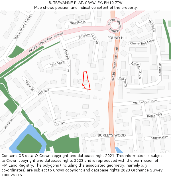 5, TREVANNE PLAT, CRAWLEY, RH10 7TW: Location map and indicative extent of plot