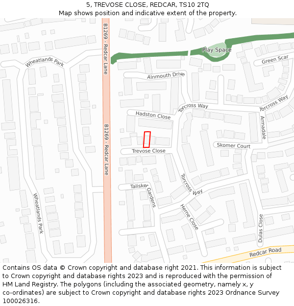 5, TREVOSE CLOSE, REDCAR, TS10 2TQ: Location map and indicative extent of plot