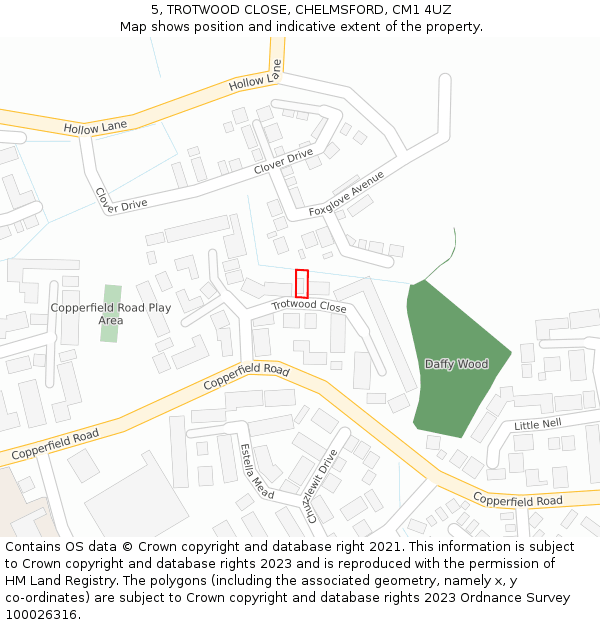 5, TROTWOOD CLOSE, CHELMSFORD, CM1 4UZ: Location map and indicative extent of plot