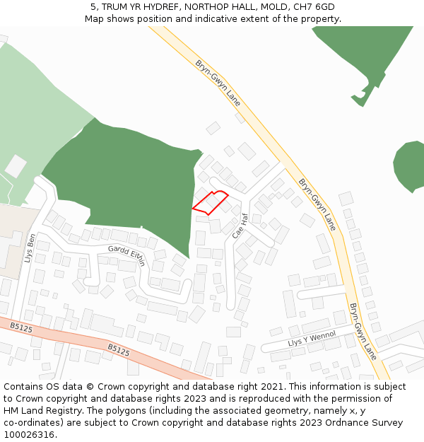 5, TRUM YR HYDREF, NORTHOP HALL, MOLD, CH7 6GD: Location map and indicative extent of plot