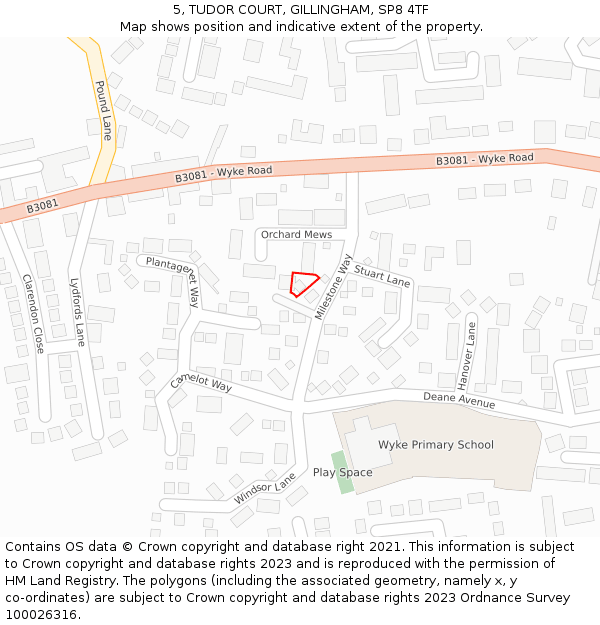 5, TUDOR COURT, GILLINGHAM, SP8 4TF: Location map and indicative extent of plot