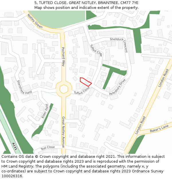 5, TUFTED CLOSE, GREAT NOTLEY, BRAINTREE, CM77 7YE: Location map and indicative extent of plot