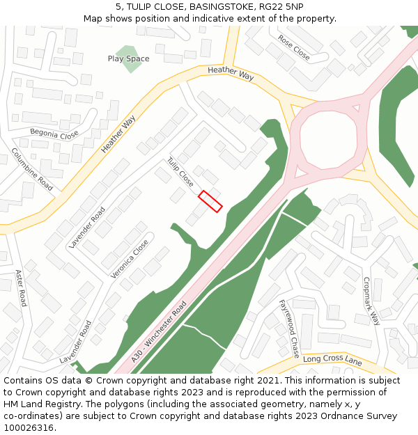 5, TULIP CLOSE, BASINGSTOKE, RG22 5NP: Location map and indicative extent of plot