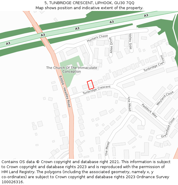 5, TUNBRIDGE CRESCENT, LIPHOOK, GU30 7QQ: Location map and indicative extent of plot