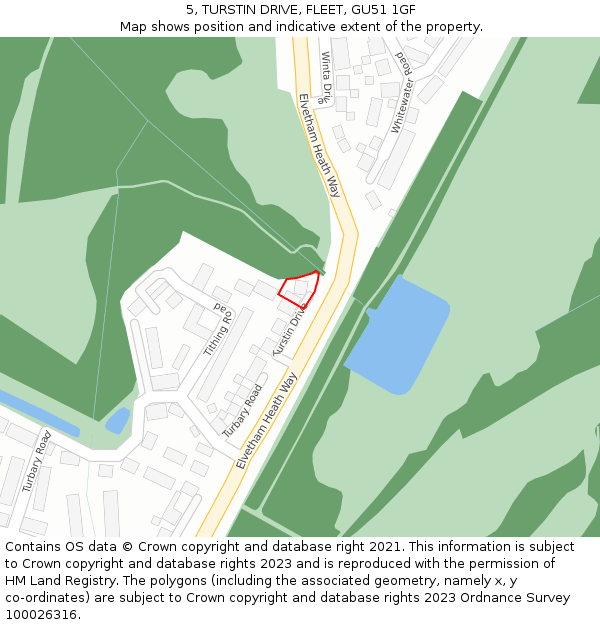 5, TURSTIN DRIVE, FLEET, GU51 1GF: Location map and indicative extent of plot