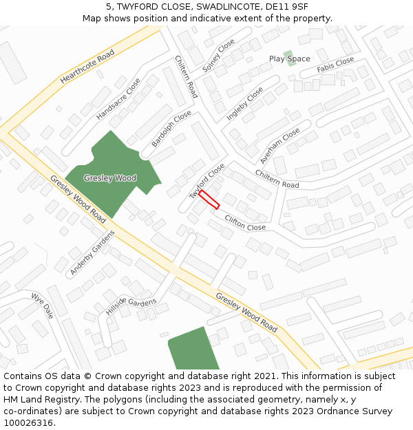 5, TWYFORD CLOSE, SWADLINCOTE, DE11 9SF: Location map and indicative extent of plot