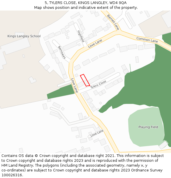 5, TYLERS CLOSE, KINGS LANGLEY, WD4 9QA: Location map and indicative extent of plot