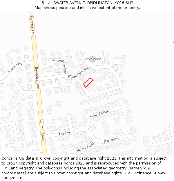 5, ULLSWATER AVENUE, BRIDLINGTON, YO16 6HP: Location map and indicative extent of plot