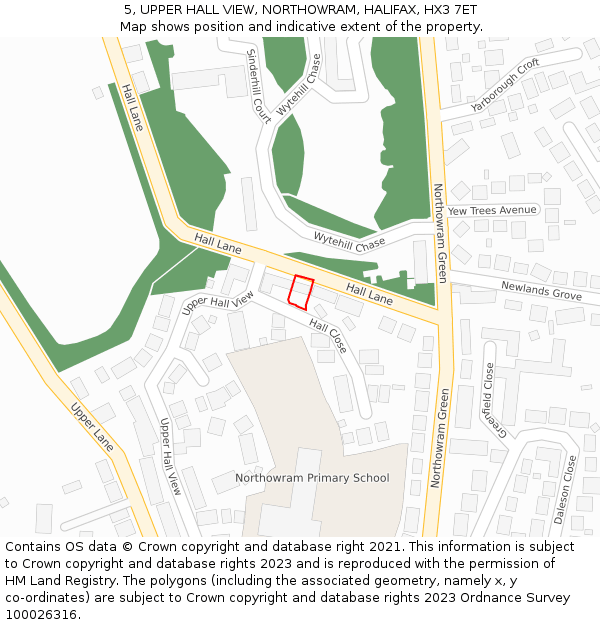 5, UPPER HALL VIEW, NORTHOWRAM, HALIFAX, HX3 7ET: Location map and indicative extent of plot