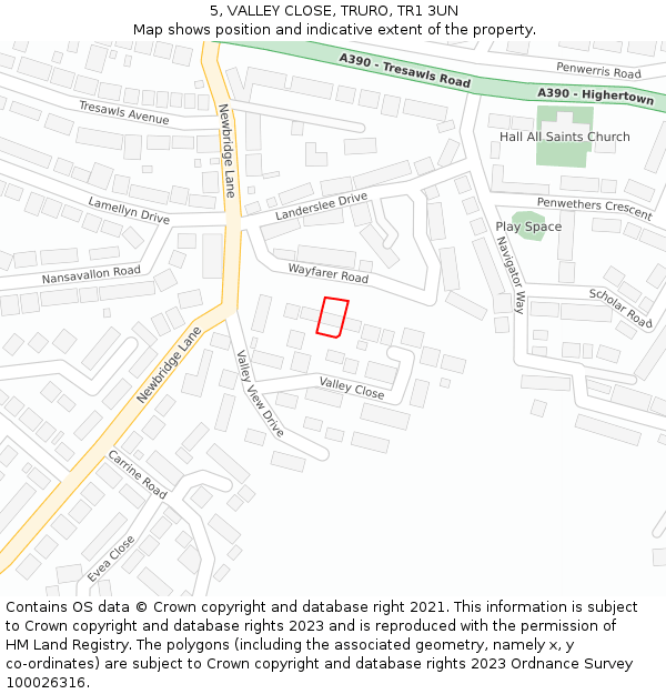 5, VALLEY CLOSE, TRURO, TR1 3UN: Location map and indicative extent of plot