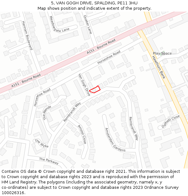 5, VAN GOGH DRIVE, SPALDING, PE11 3HU: Location map and indicative extent of plot