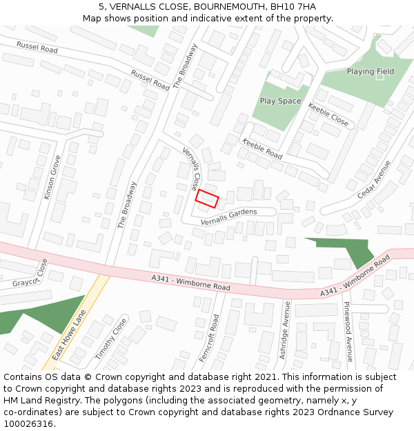 5, VERNALLS CLOSE, BOURNEMOUTH, BH10 7HA: Location map and indicative extent of plot