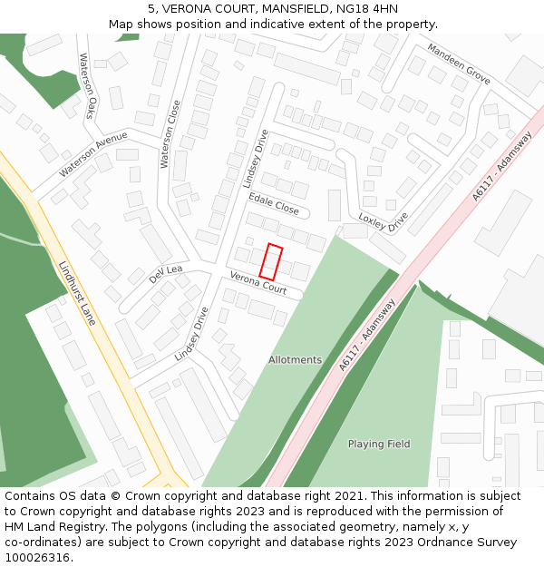 5, VERONA COURT, MANSFIELD, NG18 4HN: Location map and indicative extent of plot