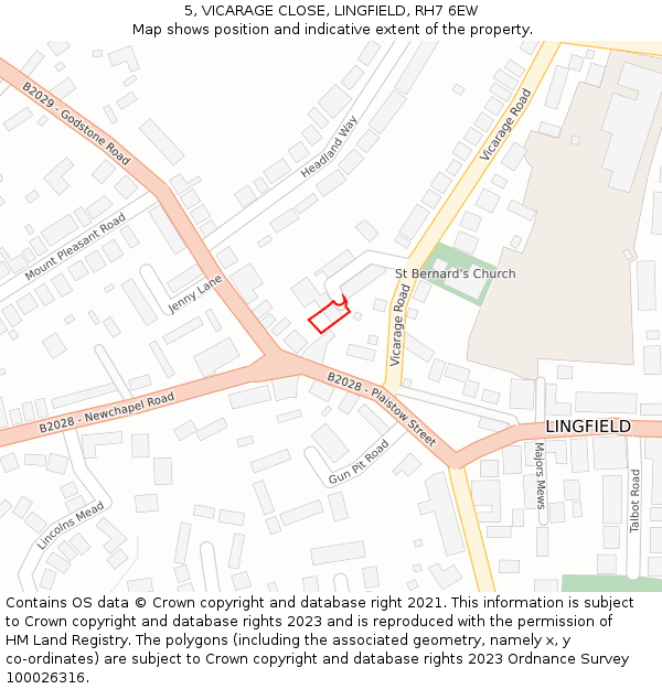 5, VICARAGE CLOSE, LINGFIELD, RH7 6EW: Location map and indicative extent of plot